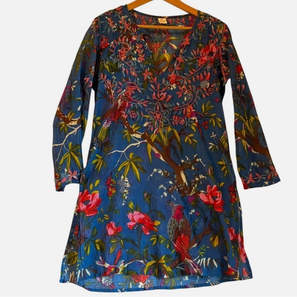 RAJ Embroidered Boho Tunic Dress Swim Cover Up M Unique Floral/Bird Print Hippie - Picture 2 of 10